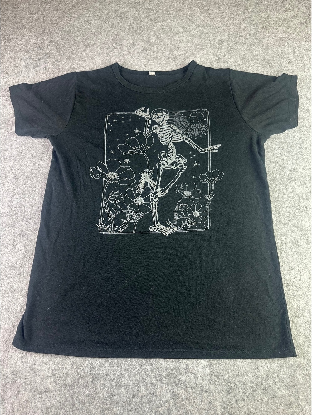 Black Graphic T-Shirt with Dancing Skeleton and Floral Design, Size Medium